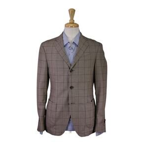 Massimo Dutti Brown Windowpane Unstructured Patch Pocket Wool Blazer Jacket 38R